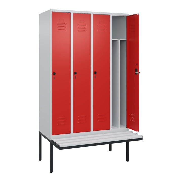 C+P Spind Classic PLUS, Bank, 4 Abteile, 2120x1200x815mm, 7035/3020 Verschluss Sicherheits-Drehriegel 4 Garderobenhaken Trennwand mittig Dekor Banklatten RAL 7035 Lichtgrau Sitzbanktyp auskragend
