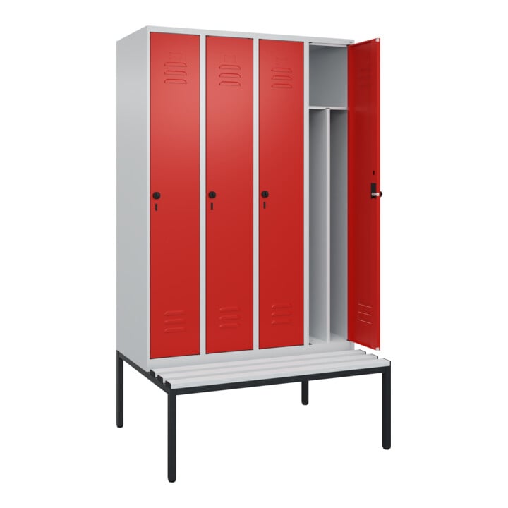 C+P Spind Classic PLUS, Bank, 4 Abteile, 2120x1200x815mm, 7035/3020 Verschluss Sicherheits-Drehriegel 4 Garderobenhaken Trennwand mittig Dekor Banklatten RAL 7035 Lichtgrau Sitzbanktyp untergebaut