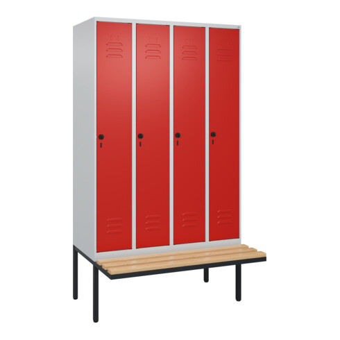 C+P Spind Classic PLUS, Bank, 4 Abteile, 2120x1200x815mm, 7035/3020 Verschluss Sicherheits-Drehriegel 4 Garderobenhaken Trennwand mittig  Sitzbanktyp auskragend