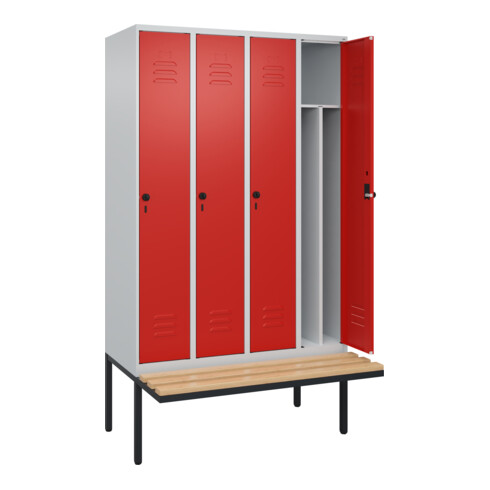 C+P Spind Classic PLUS, Bank, 4 Abteile, 2120x1200x815mm, 7035/3020 Verschluss Sicherheits-Drehriegel 4 Garderobenhaken Trennwand mittig  Sitzbanktyp auskragend
