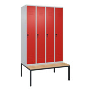 C+P Spind Classic PLUS, Bank, 4 Abteile, 2120x1200x815mm, 7035/3020 Verschluss Sicherheits-Drehriegel 4 Garderobenhaken Trennwand mittig  Sitzbanktyp untergebaut