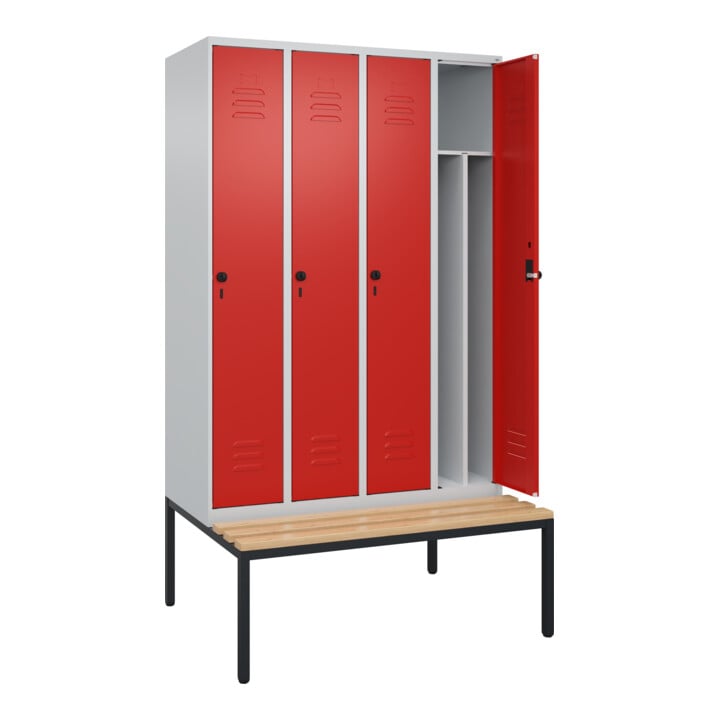 C+P Spind Classic PLUS, Bank, 4 Abteile, 2120x1200x815mm, 7035/3020 Verschluss Sicherheits-Drehriegel 4 Garderobenhaken Trennwand mittig  Sitzbanktyp untergebaut