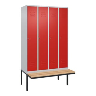 C+P Spind Classic PLUS, Bank, 4 Abteile, 2120x1200x815mm, 7035/3020 Verschluss Zylinderschloss 3 Garderobenhaken   Sitzbanktyp auskragend