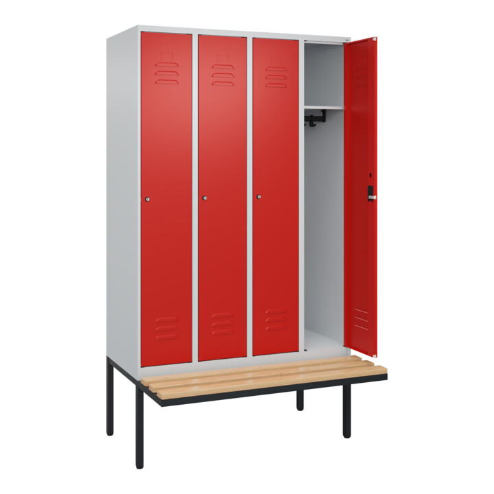 C+P Spind Classic PLUS, Bank, 4 Abteile, 2120x1200x815mm, 7035/3020 Verschluss Zylinderschloss 3 Garderobenhaken   Sitzbanktyp auskragend