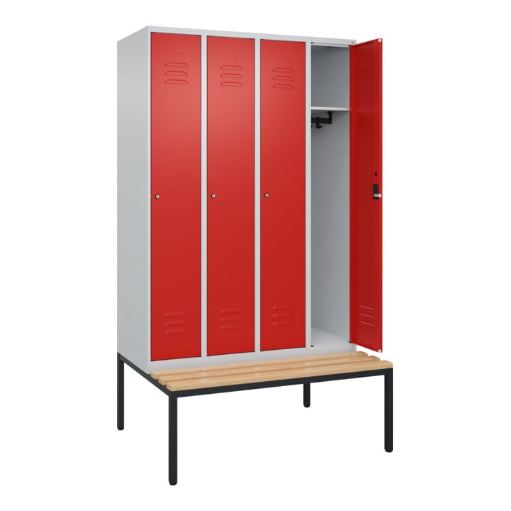 C+P Spind Classic PLUS, Bank, 4 Abteile, 2120x1200x815mm, 7035/3020 Verschluss Zylinderschloss 3 Garderobenhaken   Sitzbanktyp untergebaut