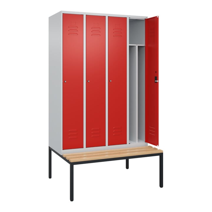 C+P Spind Classic PLUS, Bank, 4 Abteile, 2120x1200x815mm, 7035/3020 Verschluss Zylinderschloss 4 Garderobenhaken Trennwand mittig  Sitzbanktyp untergebaut