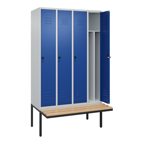 C+P Spind Classic PLUS, Bank, 4 Abteile, 2120x1200x815mm, 7035/5010 Verschluss Sicherheits-Drehriegel 4 Garderobenhaken Trennwand mittig  Sitzbanktyp auskragend
