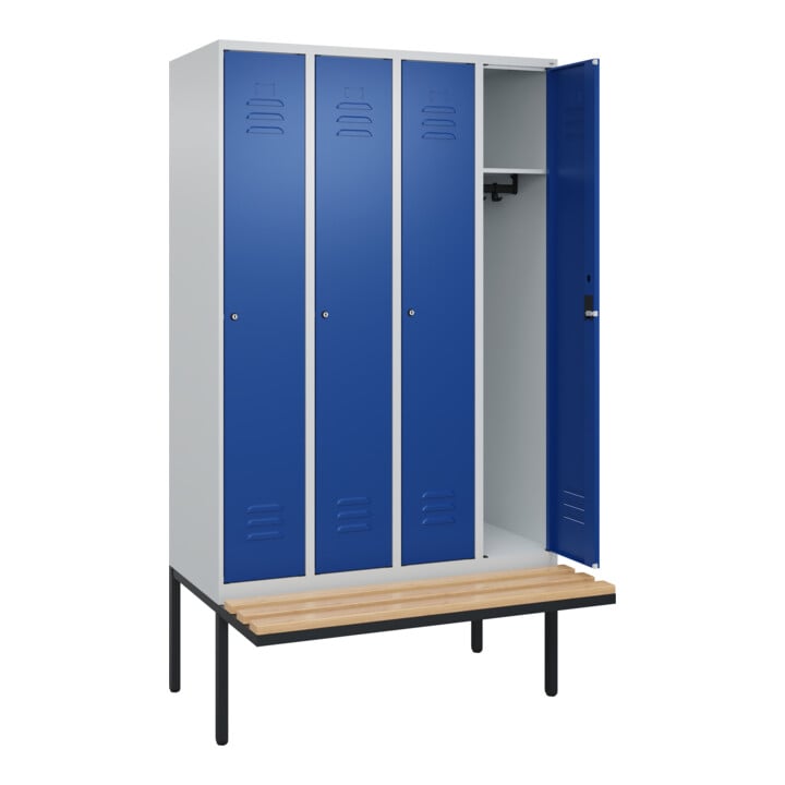 C+P Spind Classic PLUS, Bank, 4 Abteile, 2120x1200x815mm, 7035/5010 Verschluss Zylinderschloss 3 Garderobenhaken   Sitzbanktyp auskragend