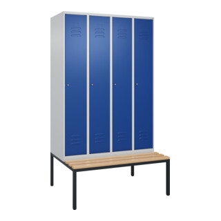 C+P Spind Classic PLUS, Bank, 4 Abteile, 2120x1200x815mm, 7035/5010 Verschluss Zylinderschloss 3 Garderobenhaken   Sitzbanktyp untergebaut