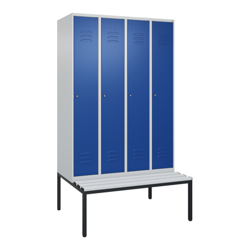 C+P Spind Classic PLUS, Bank, 4 Abteile, 2120x1200x815mm, 7035/5010 Verschluss Zylinderschloss 4 Garderobenhaken Trennwand mittig Dekor Banklatten RAL 7035 Lichtgrau Sitzbanktyp untergebaut