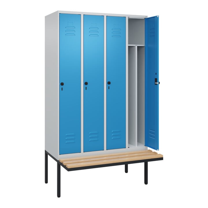 C+P Spind Classic PLUS, Bank, 4 Abteile, 2120x1200x815mm, 7035/5012 Verschluss Sicherheits-Drehriegel 4 Garderobenhaken Trennwand mittig  Sitzbanktyp auskragend