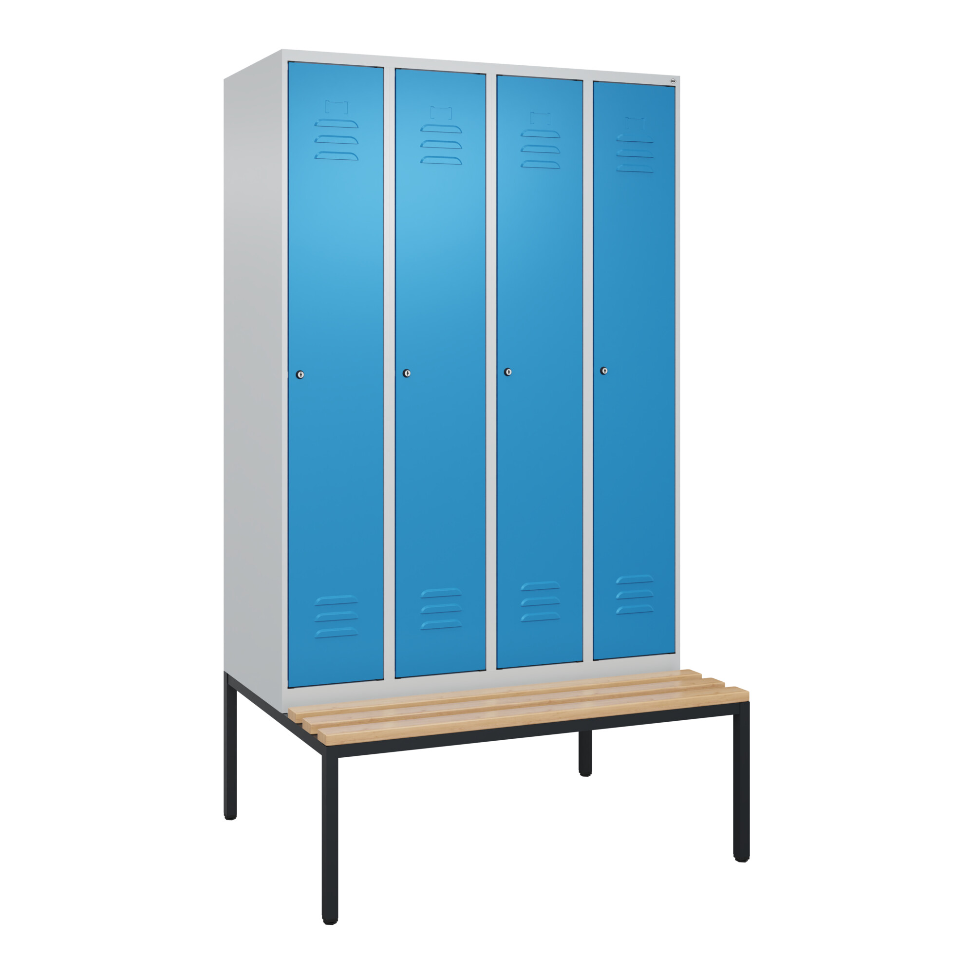 C+P Spind Classic PLUS, Bank, 4 Abteile, 2120x1200x815mm, 7035/5012 Verschluss Zylinderschloss 3 Garderobenhaken Sitzbanktyp untergebaut ; C + P Möb