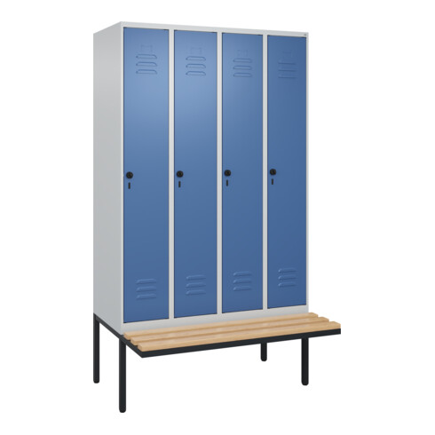 C+P Spind Classic PLUS, Bank, 4 Abteile, 2120x1200x815mm, 7035/5023 Verschluss Sicherheits-Drehriegel 4 Garderobenhaken Trennwand mittig  Sitzbanktyp auskragend