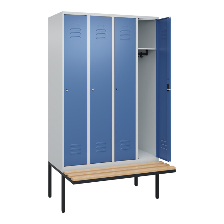C+P Spind Classic PLUS, Bank, 4 Abteile, 2120x1200x815mm, 7035/5023 Verschluss Zylinderschloss 3 Garderobenhaken   Sitzbanktyp auskragend