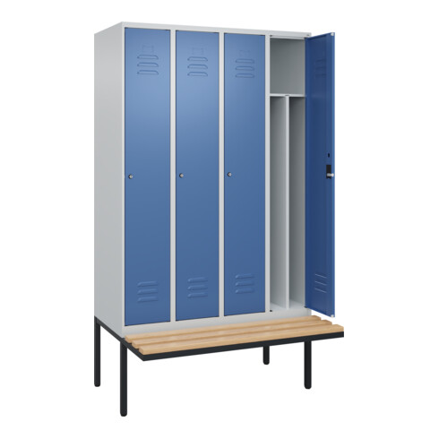 C+P Spind Classic PLUS, Bank, 4 Abteile, 2120x1200x815mm, 7035/5023 Verschluss Zylinderschloss 4 Garderobenhaken Trennwand mittig  Sitzbanktyp auskragend