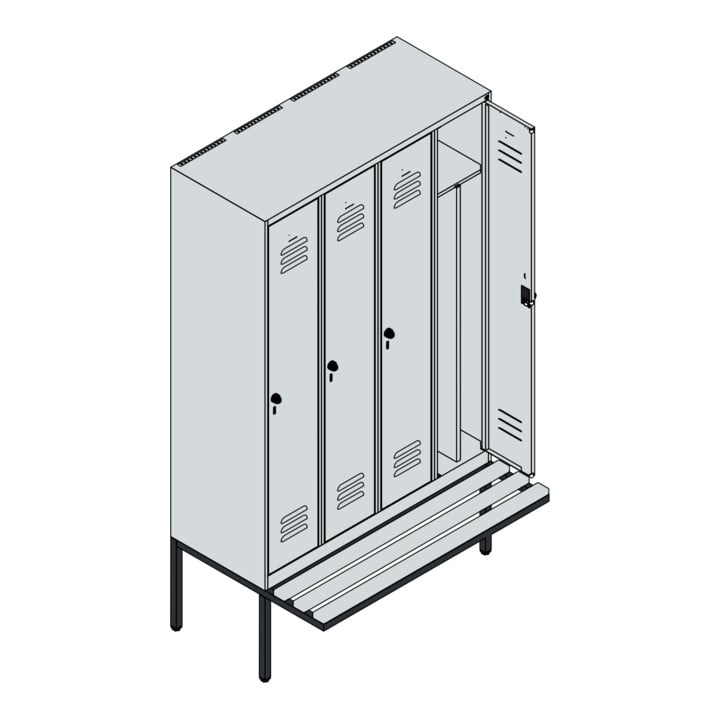 C+P Spind Classic PLUS, Bank, 4 Abteile, 2120x1200x815mm, 7035/5023 Verschluss Zylinderschloss 4 Garderobenhaken Trennwand mittig  Sitzbanktyp auskragend