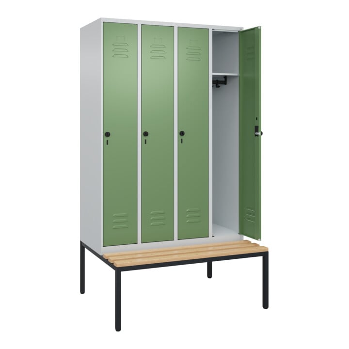 C+P Spind Classic PLUS, Bank, 4 Abteile, 2120x1200x815mm, 7035/6011 Verschluss Sicherheits-Drehriegel 3 Garderobenhaken   Sitzbanktyp untergebaut