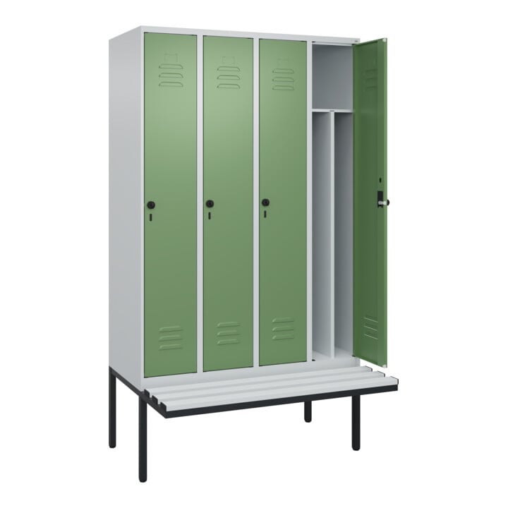 C+P Spind Classic PLUS, Bank, 4 Abteile, 2120x1200x815mm, 7035/6011 Verschluss Sicherheits-Drehriegel 4 Garderobenhaken Trennwand mittig Dekor Banklatten RAL 7035 Lichtgrau Sitzbanktyp auskragend