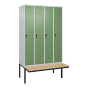 C+P Spind Classic PLUS, Bank, 4 Abteile, 2120x1200x815mm, 7035/6011 Verschluss Sicherheits-Drehriegel 4 Garderobenhaken Trennwand mittig  Sitzbanktyp auskragend