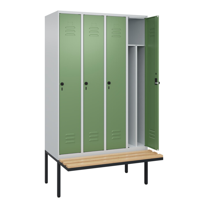C+P Spind Classic PLUS, Bank, 4 Abteile, 2120x1200x815mm, 7035/6011 Verschluss Sicherheits-Drehriegel 4 Garderobenhaken Trennwand mittig  Sitzbanktyp auskragend