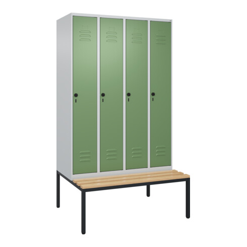 C+P Spind Classic PLUS, Bank, 4 Abteile, 2120x1200x815mm, 7035/6011 Verschluss Sicherheits-Drehriegel 4 Garderobenhaken Trennwand mittig  Sitzbanktyp untergebaut