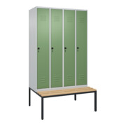 C+P Spind Classic PLUS, Bank, 4 Abteile, 2120x1200x815mm, 7035/6011 Verschluss Sicherheits-Drehriegel 4 Garderobenhaken Trennwand mittig  Sitzbanktyp untergebaut