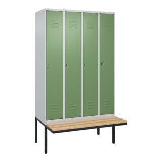C+P Spind Classic PLUS, Bank, 4 Abteile, 2120x1200x815mm, 7035/6011 Verschluss Zylinderschloss 3 Garderobenhaken   Sitzbanktyp auskragend