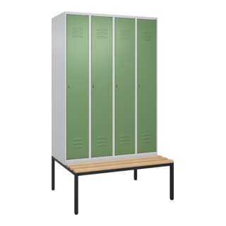 C+P Spind Classic PLUS, Bank, 4 Abteile, 2120x1200x815mm, 7035/6011 Verschluss Zylinderschloss 4 Garderobenhaken Trennwand mittig  Sitzbanktyp untergebaut