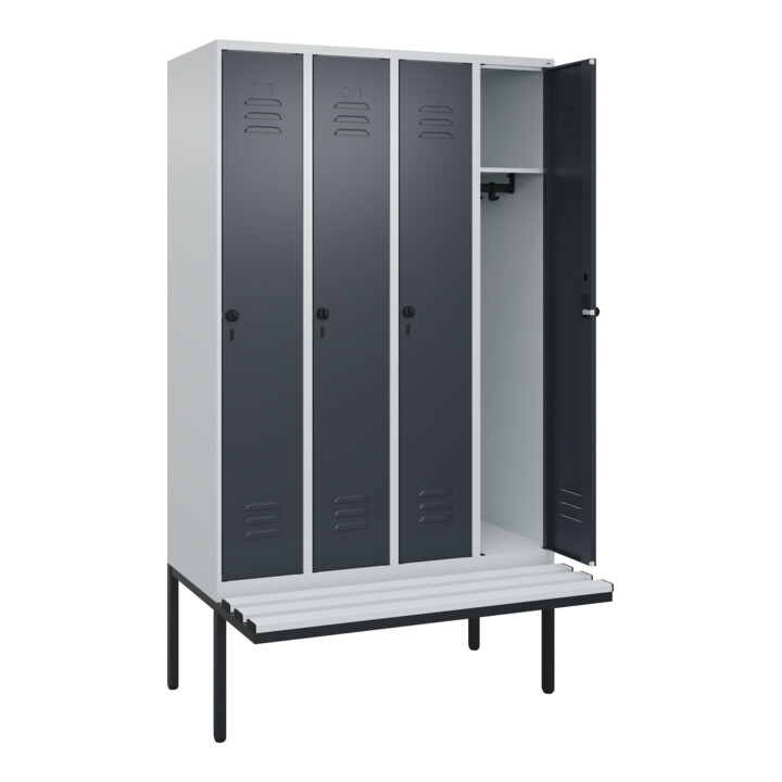 C+P Spind Classic PLUS, Bank, 4 Abteile, 2120x1200x815mm, 7035/7016 Verschluss Sicherheits-Drehriegel 3 Garderobenhaken  Dekor Banklatten RAL 7035 Lichtgrau Sitzbanktyp auskragend