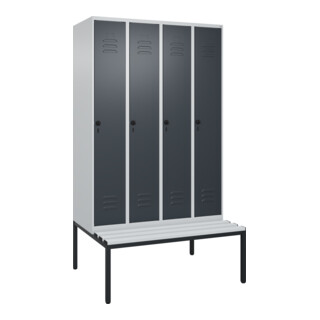 C+P Spind Classic PLUS, Bank, 4 Abteile, 2120x1200x815mm, 7035/7016 Verschluss Sicherheits-Drehriegel 4 Garderobenhaken Trennwand mittig Dekor Banklatten RAL 7035 Lichtgrau Sitzbanktyp untergebaut
