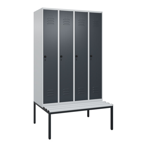 C+P Spind Classic PLUS, Bank, 4 Abteile, 2120x1200x815mm, 7035/7016 Verschluss Sicherheits-Drehriegel 4 Garderobenhaken Trennwand mittig Dekor Banklatten RAL 7035 Lichtgrau Sitzbanktyp untergebaut