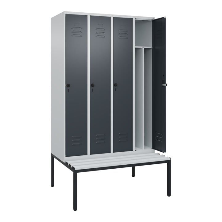 C+P Spind Classic PLUS, Bank, 4 Abteile, 2120x1200x815mm, 7035/7016 Verschluss Sicherheits-Drehriegel 4 Garderobenhaken Trennwand mittig Dekor Banklatten RAL 7035 Lichtgrau Sitzbanktyp untergebaut