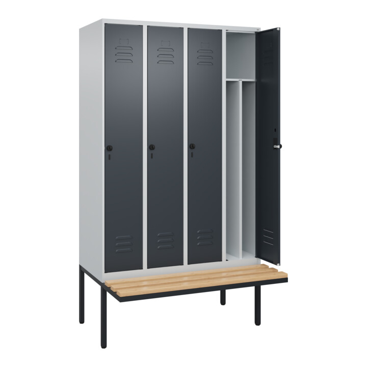 C+P Spind Classic PLUS, Bank, 4 Abteile, 2120x1200x815mm, 7035/7016 Verschluss Sicherheits-Drehriegel 4 Garderobenhaken Trennwand mittig  Sitzbanktyp auskragend