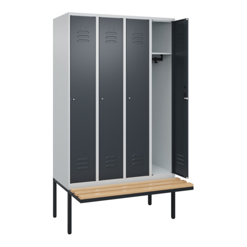 C+P Spind Classic PLUS, Bank, 4 Abteile, 2120x1200x815mm, 7035/7016 Verschluss Zylinderschloss 3 Garderobenhaken   Sitzbanktyp auskragend