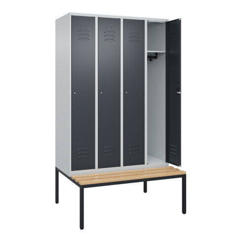 C+P Spind Classic PLUS, Bank, 4 Abteile, 2120x1200x815mm, 7035/7016 Verschluss Zylinderschloss 3 Garderobenhaken   Sitzbanktyp untergebaut