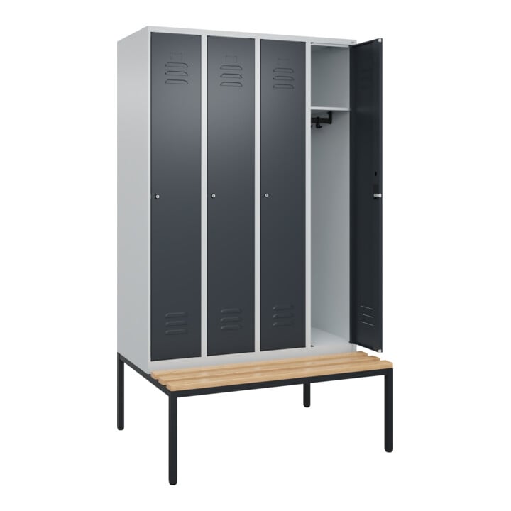C+P Spind Classic PLUS, Bank, 4 Abteile, 2120x1200x815mm, 7035/7016 Verschluss Zylinderschloss 3 Garderobenhaken   Sitzbanktyp untergebaut