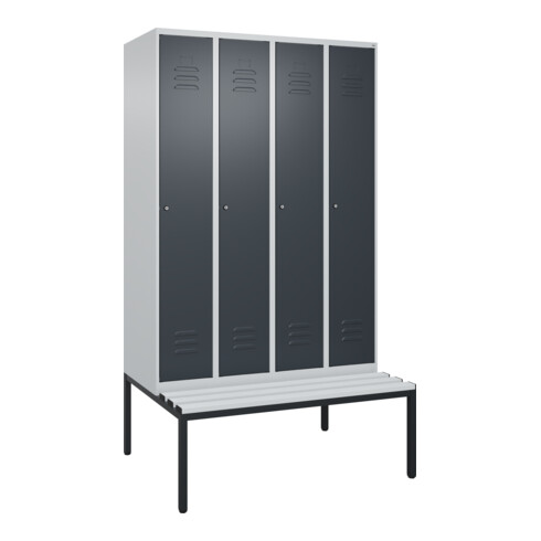 C+P Spind Classic PLUS, Bank, 4 Abteile, 2120x1200x815mm, 7035/7016 Verschluss Zylinderschloss 4 Garderobenhaken Trennwand mittig Dekor Banklatten RAL 7035 Lichtgrau Sitzbanktyp untergebaut
