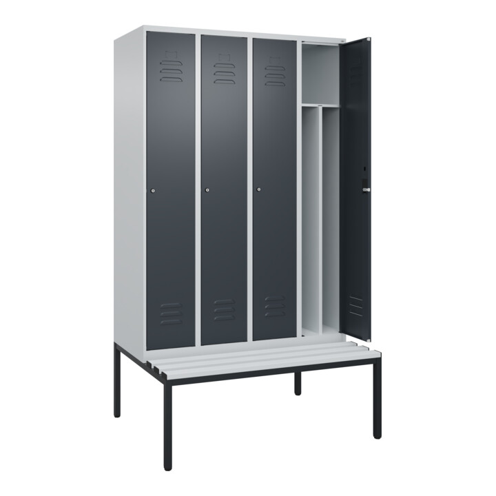 C+P Spind Classic PLUS, Bank, 4 Abteile, 2120x1200x815mm, 7035/7016 Verschluss Zylinderschloss 4 Garderobenhaken Trennwand mittig Dekor Banklatten RAL 7035 Lichtgrau Sitzbanktyp untergebaut