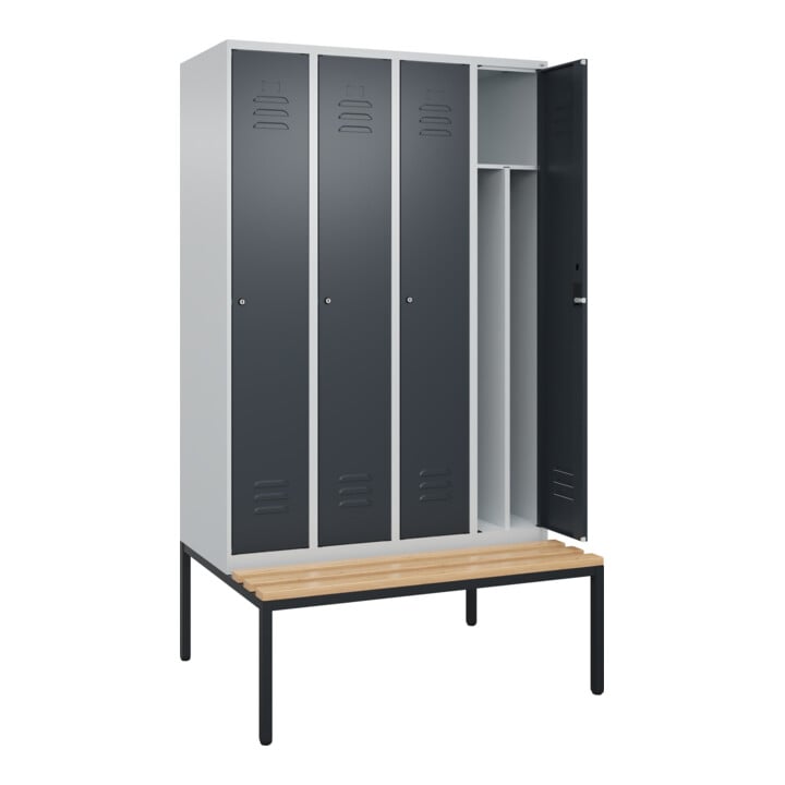 C+P Spind Classic PLUS, Bank, 4 Abteile, 2120x1200x815mm, 7035/7016 Verschluss Zylinderschloss 4 Garderobenhaken Trennwand mittig  Sitzbanktyp untergebaut
