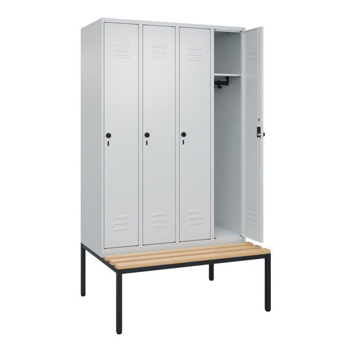 C+P Spind Classic PLUS, Bank, 4 Abteile, 2120x1200x815mm, 7035/7035 Verschluss Sicherheits-Drehriegel 3 Garderobenhaken   Sitzbanktyp untergebaut