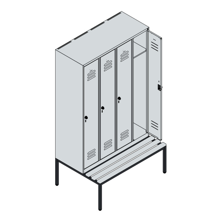 C+P Spind Classic PLUS, Bank, 4 Abteile, 2120x1200x815mm, 7035/7035 Verschluss Sicherheits-Drehriegel 3 Garderobenhaken   Sitzbanktyp untergebaut