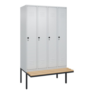 C+P Spind Classic PLUS, Bank, 4 Abteile, 2120x1200x815mm, 7035/7035 Verschluss Sicherheits-Drehriegel 4 Garderobenhaken Trennwand mittig  Sitzbanktyp auskragend