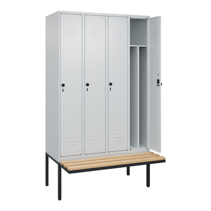 C+P Spind Classic PLUS, Bank, 4 Abteile, 2120x1200x815mm, 7035/7035 Verschluss Sicherheits-Drehriegel 4 Garderobenhaken Trennwand mittig  Sitzbanktyp auskragend