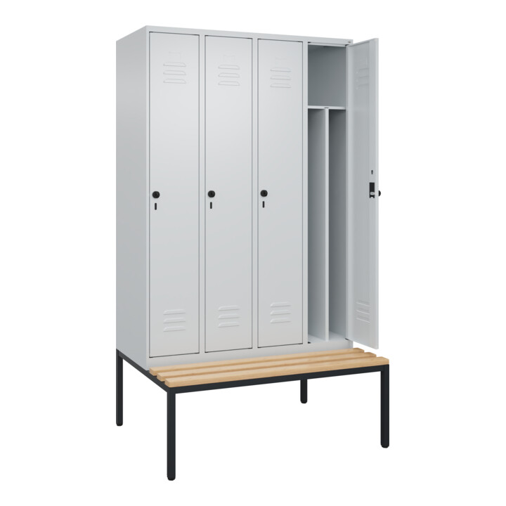 C+P Spind Classic PLUS, Bank, 4 Abteile, 2120x1200x815mm, 7035/7035 Verschluss Sicherheits-Drehriegel 4 Garderobenhaken Trennwand mittig  Sitzbanktyp untergebaut