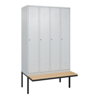 C+P Spind Classic PLUS, Bank, 4 Abteile, 2120x1200x815mm, 7035/7035 Verschluss Zylinderschloss 3 Garderobenhaken   Sitzbanktyp auskragend