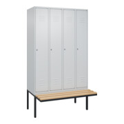 C+P Spind Classic PLUS, Bank, 4 Abteile, 2120x1200x815mm, 7035/7035 Verschluss Zylinderschloss 3 Garderobenhaken   Sitzbanktyp auskragend