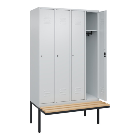 C+P Spind Classic PLUS, Bank, 4 Abteile, 2120x1200x815mm, 7035/7035 Verschluss Zylinderschloss 3 Garderobenhaken   Sitzbanktyp auskragend