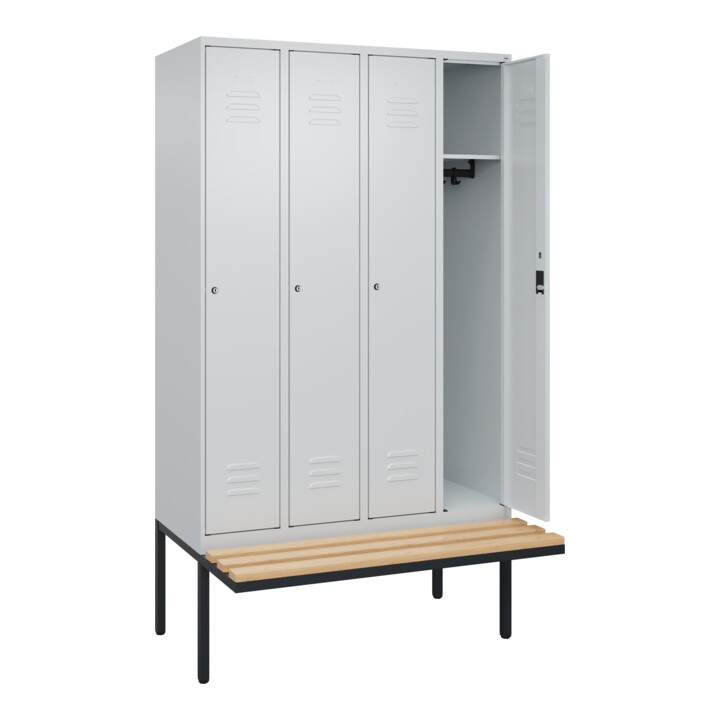C+P Spind Classic PLUS, Bank, 4 Abteile, 2120x1200x815mm, 7035/7035 Verschluss Zylinderschloss 3 Garderobenhaken   Sitzbanktyp auskragend