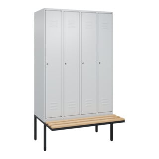 C+P Spind Classic PLUS, Bank, 4 Abteile, 2120x1200x815mm, 7035/7035 Verschluss Zylinderschloss 4 Garderobenhaken Trennwand mittig  Sitzbanktyp auskragend