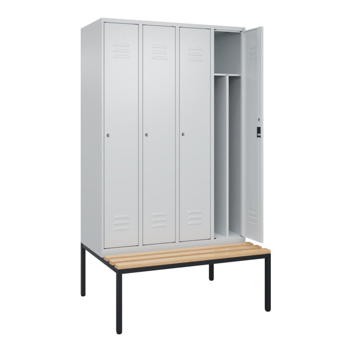 C+P Spind Classic PLUS, Bank, 4 Abteile, 2120x1200x815mm, 7035/7035 Verschluss Zylinderschloss 4 Garderobenhaken Trennwand mittig  Sitzbanktyp untergebaut